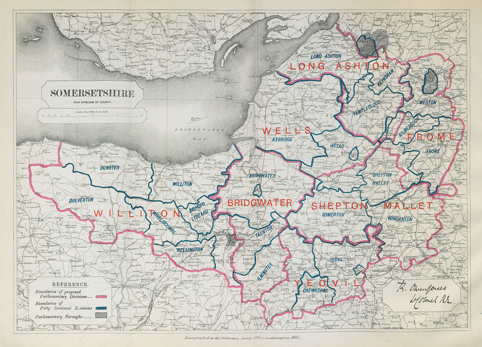 Somersetshire Parliamentary Divisions. Frome Wells. BOUNDARY COMMISSION 1885 map